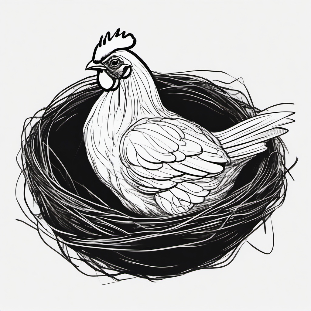 drawing of a chicken with eggs in a nest  minimal rough sketch scribbles,doodles,black and white