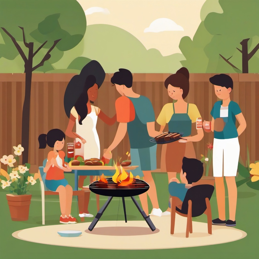 June clipart - family barbecue in the backyard in June  color,minimalist,vector clipart