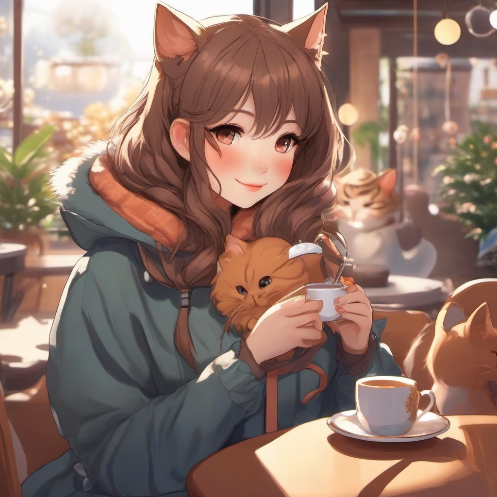 Adorable catgirl, in a cozy cat cafe, cuddling with friendly felines and sipping tea.  front facing ,centered portrait shot, cute anime color style, pfp, full face visible