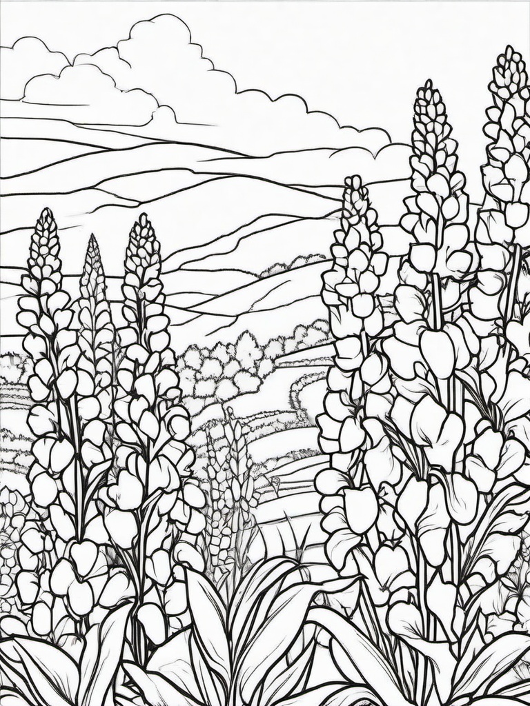 Snapdragon coloring page sheet - Bright snapdragons standing in a colorful garden border.  black outline printable coloring page