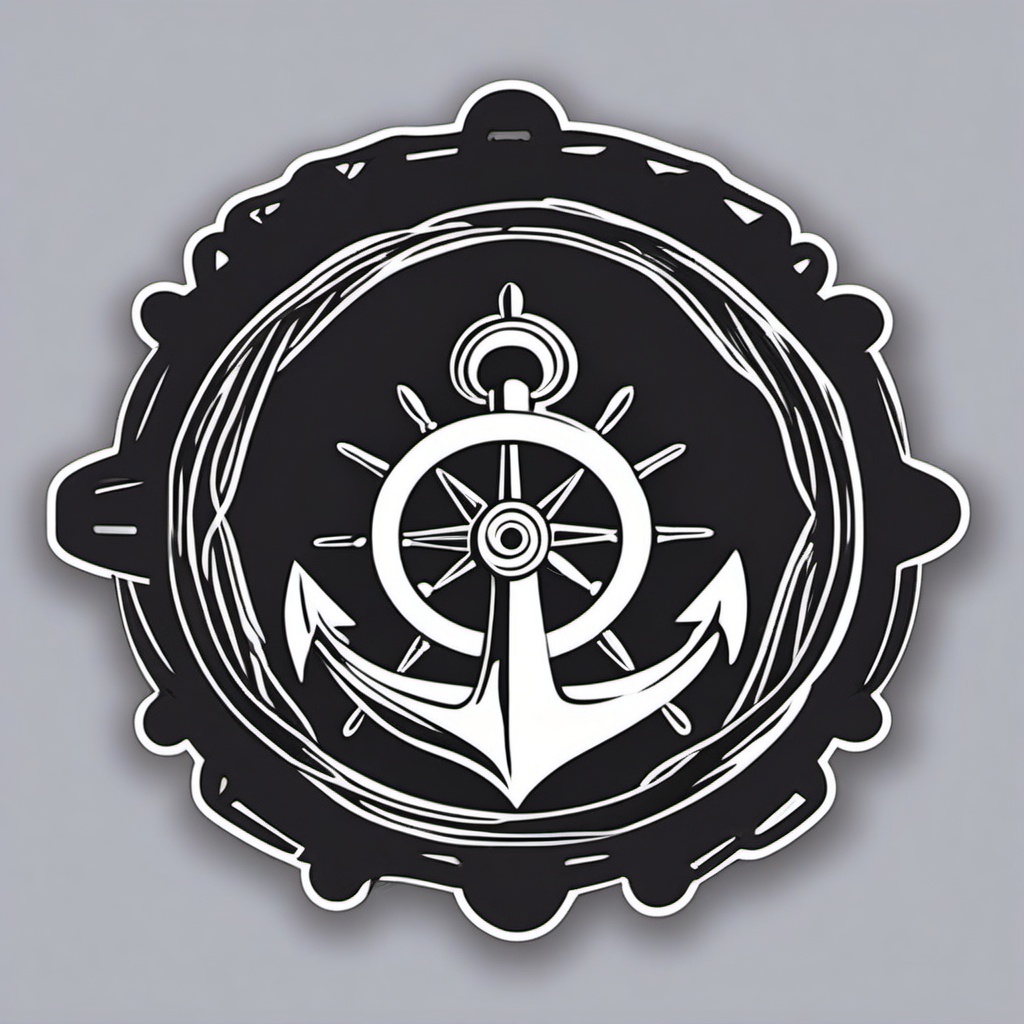 Anchor and Steering Wheel Sticker - Nautical anchor with a ship's steering wheel, ,vector color sticker art,minimal