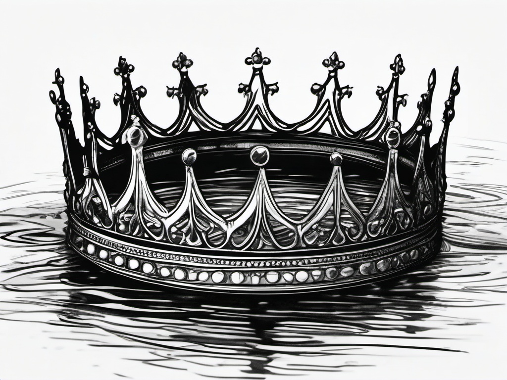 drawing of a crown floating in water  minimal rough sketch scribbles,doodles,black and white