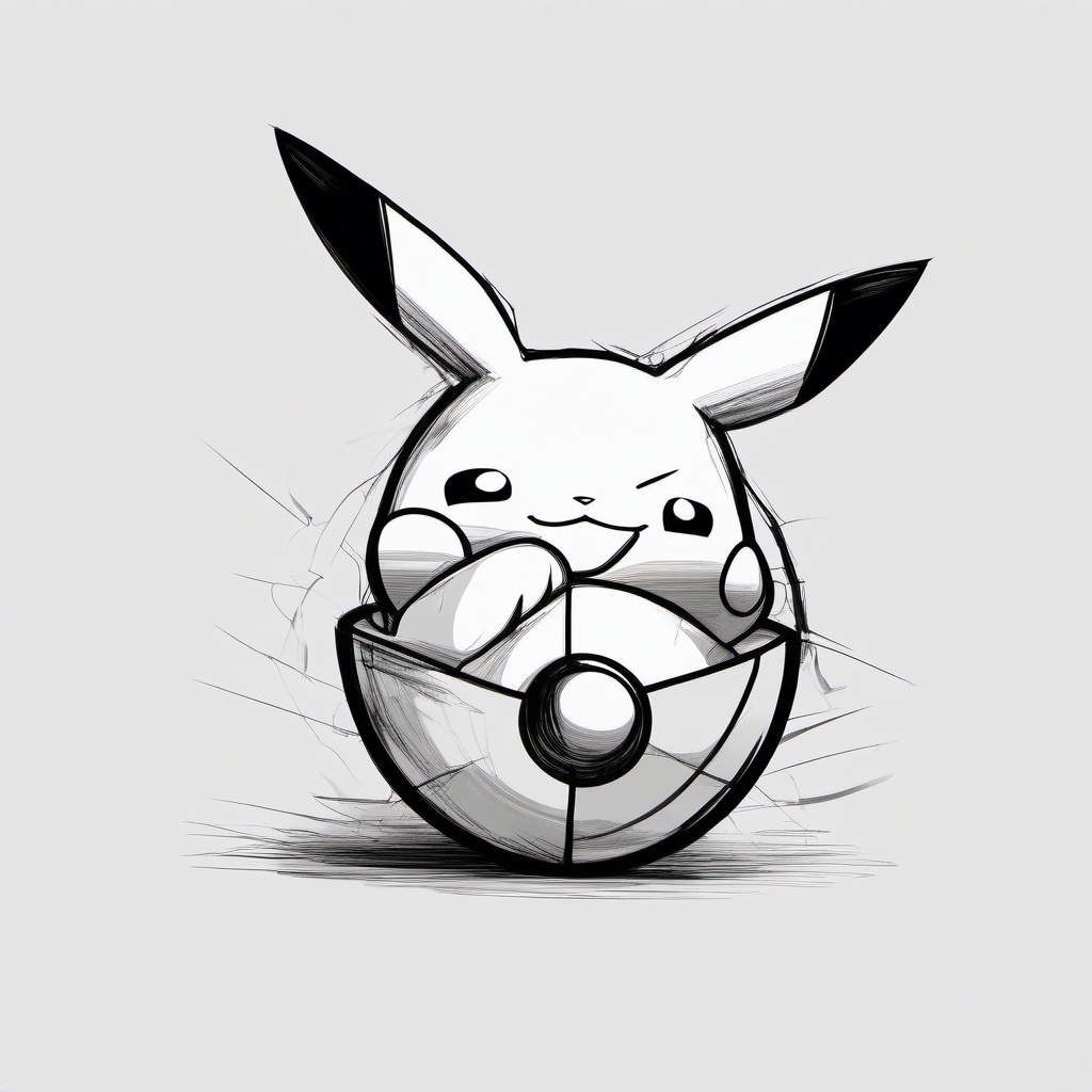 drawing of Pikachu with a Poké Ball  minimal rough sketch scribbles,doodles,black and white