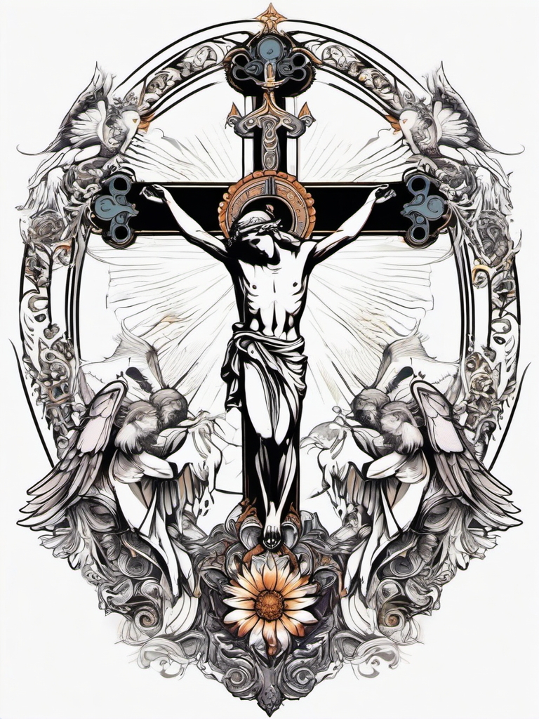 Crucifix with angels ink: Celestial beings surrounding the symbol of sacrifice.  color tattoo style, white background