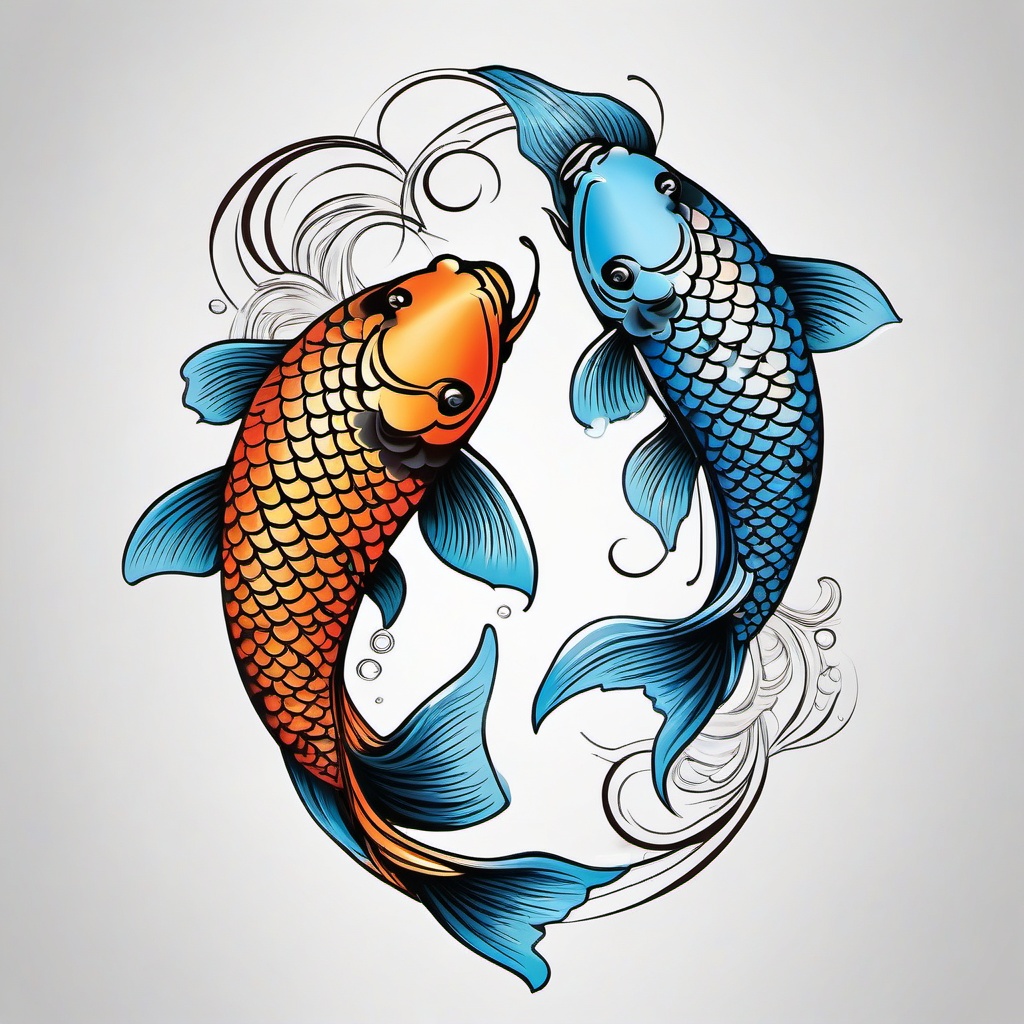 Two Koi Fish Tattoo,a tattoo featuring two koi fish, symbolizing harmony, balance, and strength. , color tattoo design, white clean background