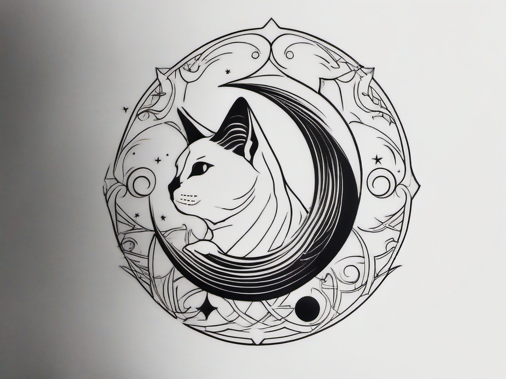 Cat Moon Tattoo Designs - Tattoo featuring a cat with moon-themed elements in various designs.  minimal color tattoo, white background