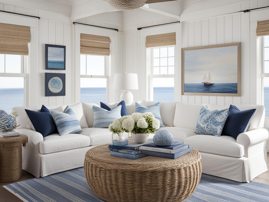 coastal living room with whitewashed walls and nautical accents. 