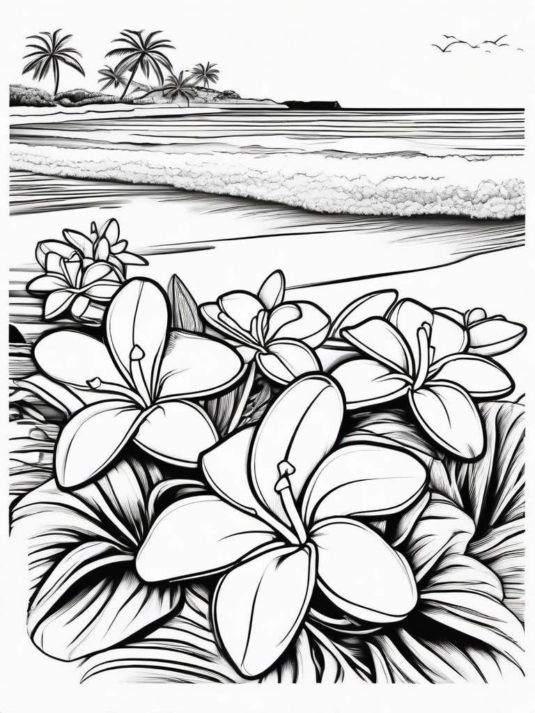 Plumeria coloring page sheet - Fragrant plumeria flowers blooming by a tropical beach.  black outline printable coloring page