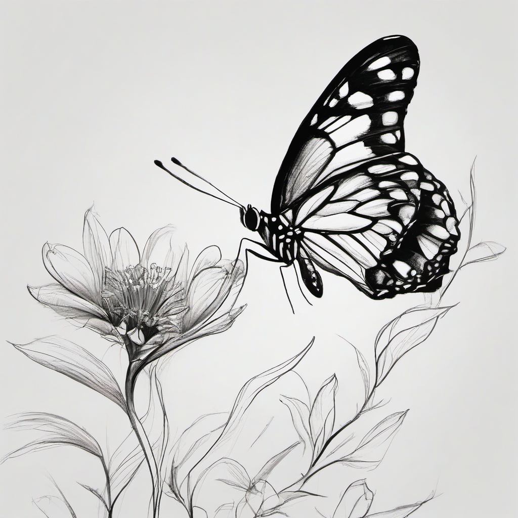 drawing of a butterfly landing on a flower  minimal rough sketch scribbles,doodles,black and white