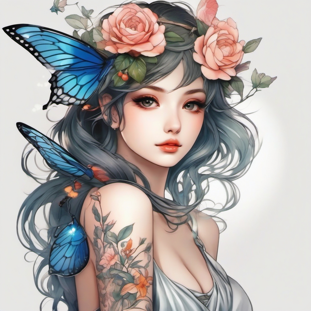 fairy tale anime tattoo  simple color tattoo style,white background