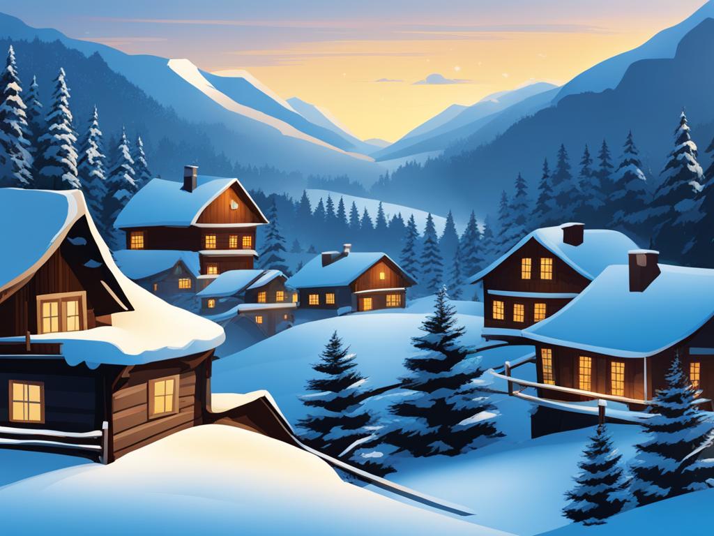 winter clipart: falling gently in a snowy mountain village. 