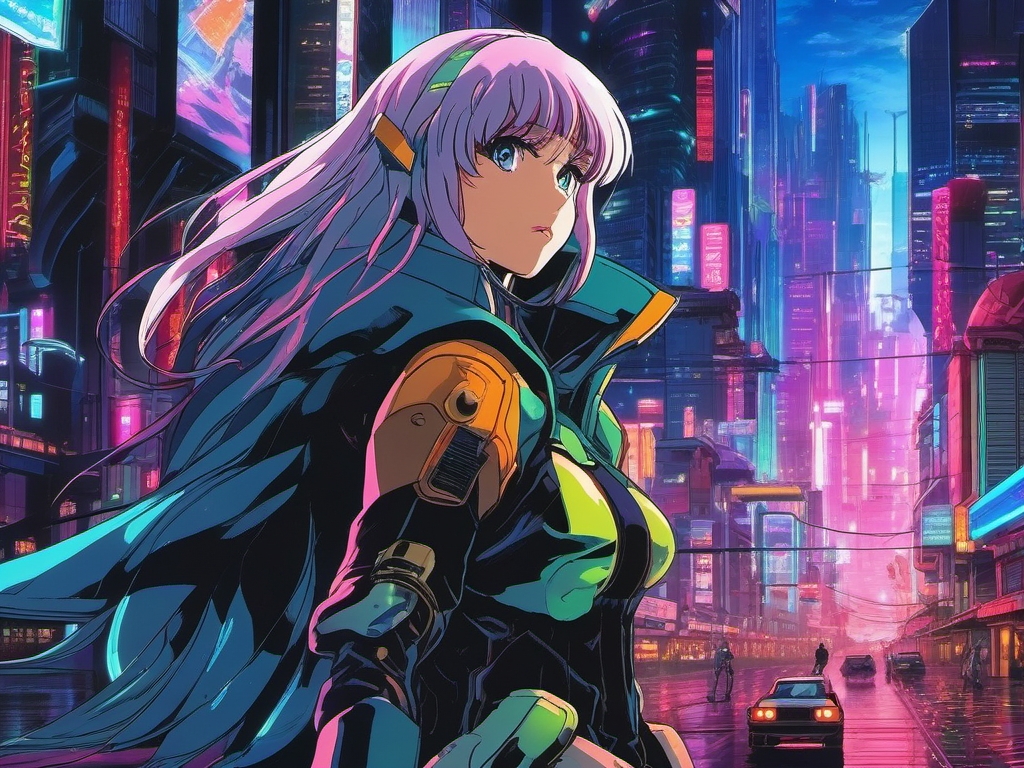 A stoic anime girl, armed with futuristic weaponry, defends a neon-lit city from otherworldly creatures that emerge from a dimensional rift.  1990s anime style