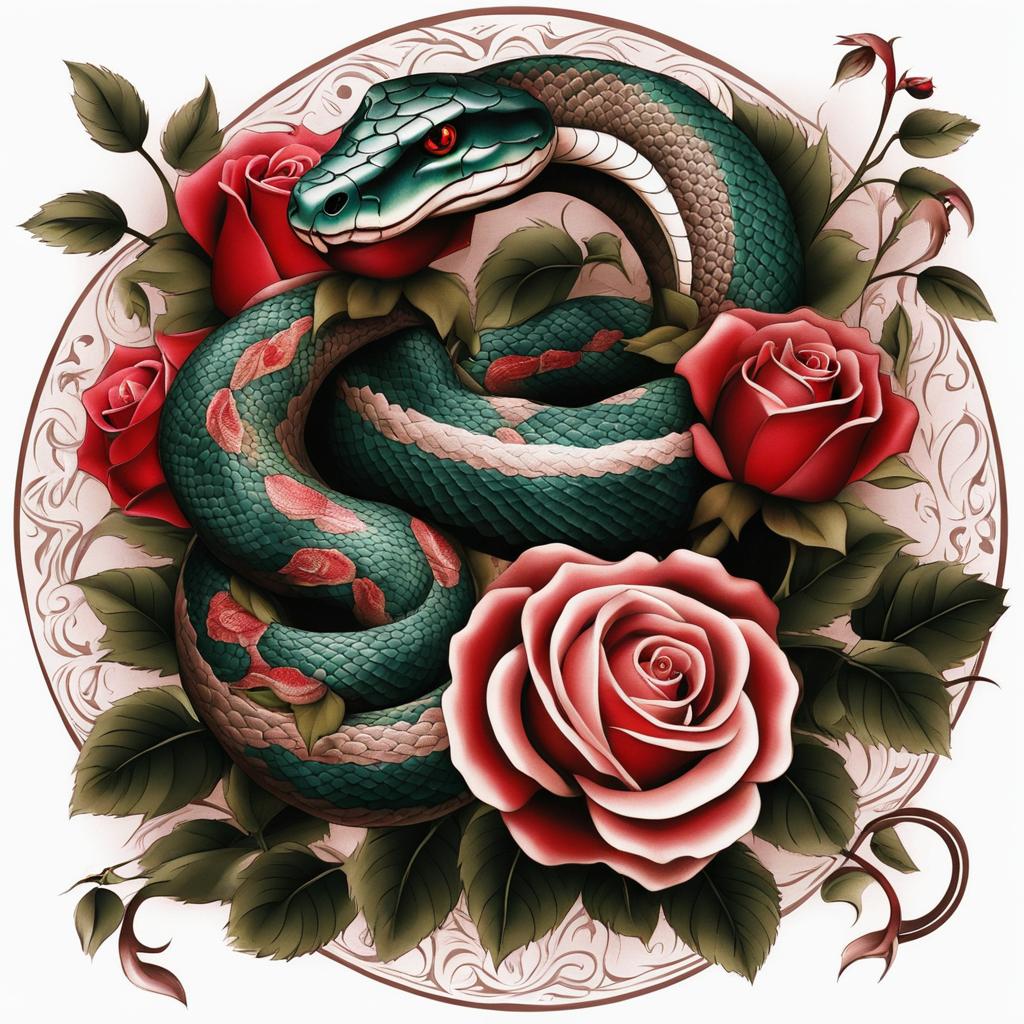 Snake and rose tattoo, Creative tattoos combining snake imagery with the elegance of roses.  color, tattoo patterns, white clean background