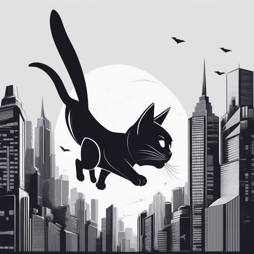 Cat as a superhero flying through the city  minimalist design, white background, t shirt vector art