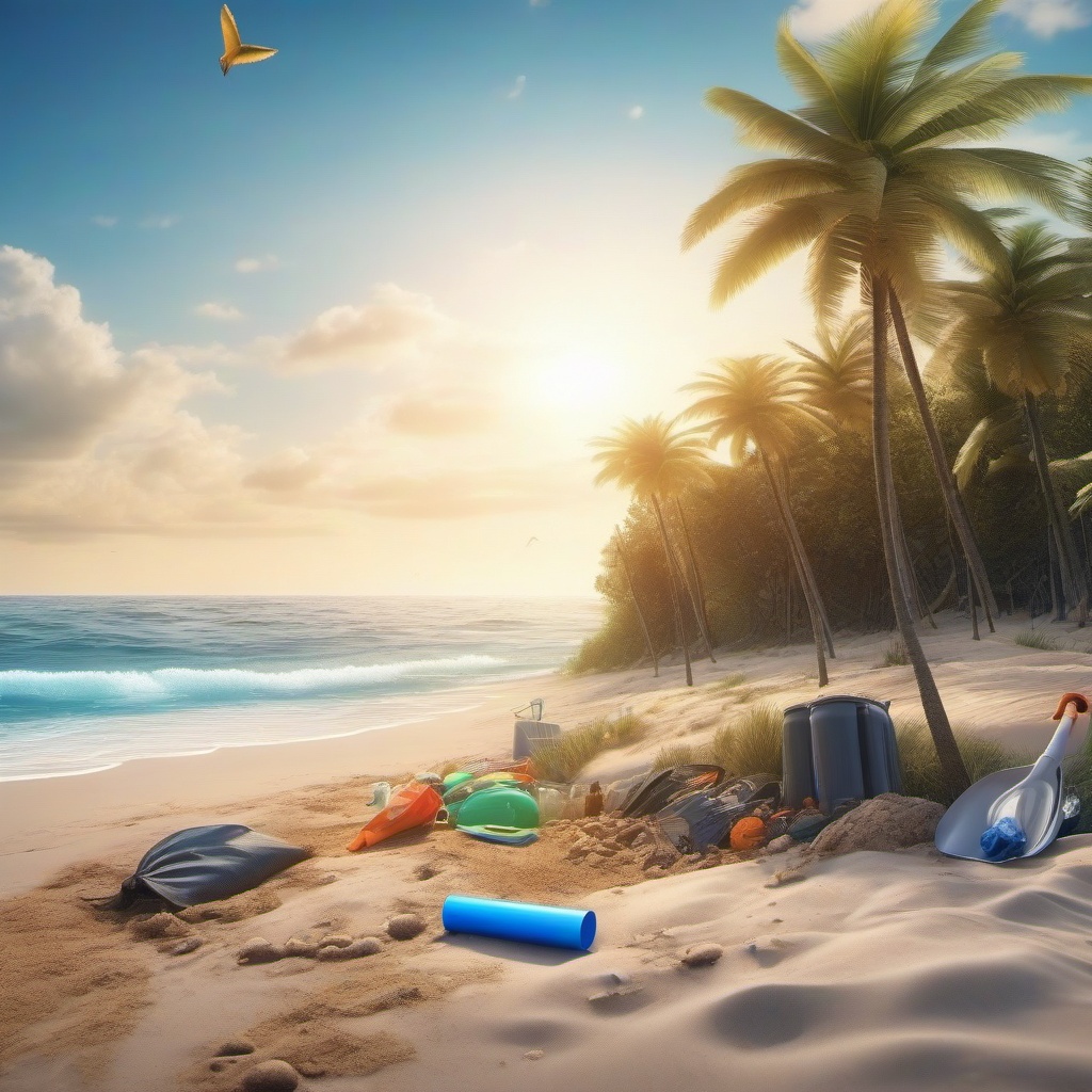 Beachside beach cleanup and conservation close shot perspective view, photo realistic background, hyper detail, high resolution