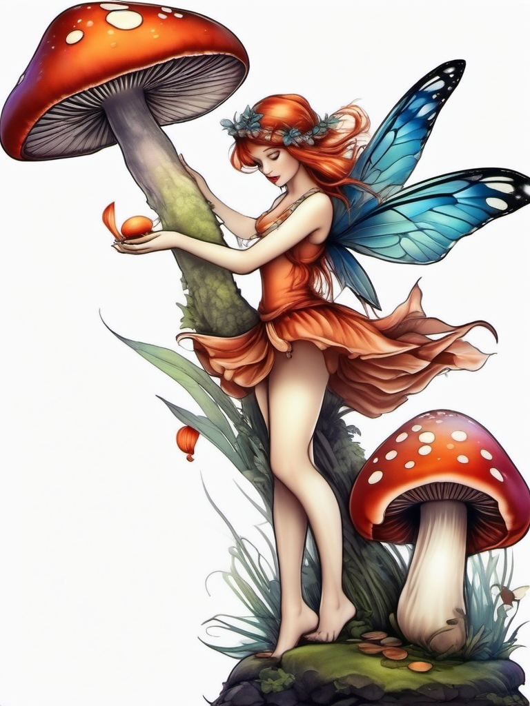 fairy on mushroom tattoo  simple color tattoo style,white background