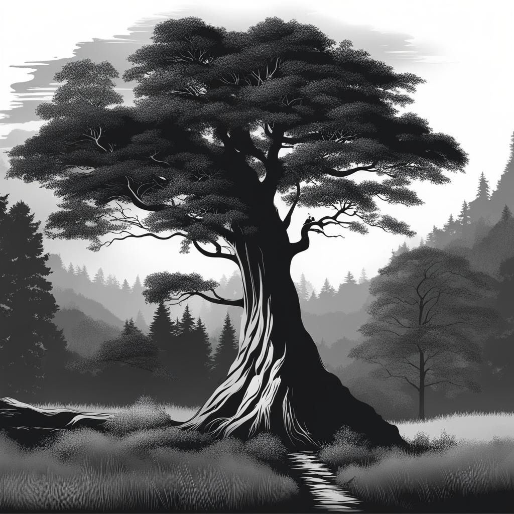 tree clipart black and white in a serene forest - standing tall in nature's beauty. 