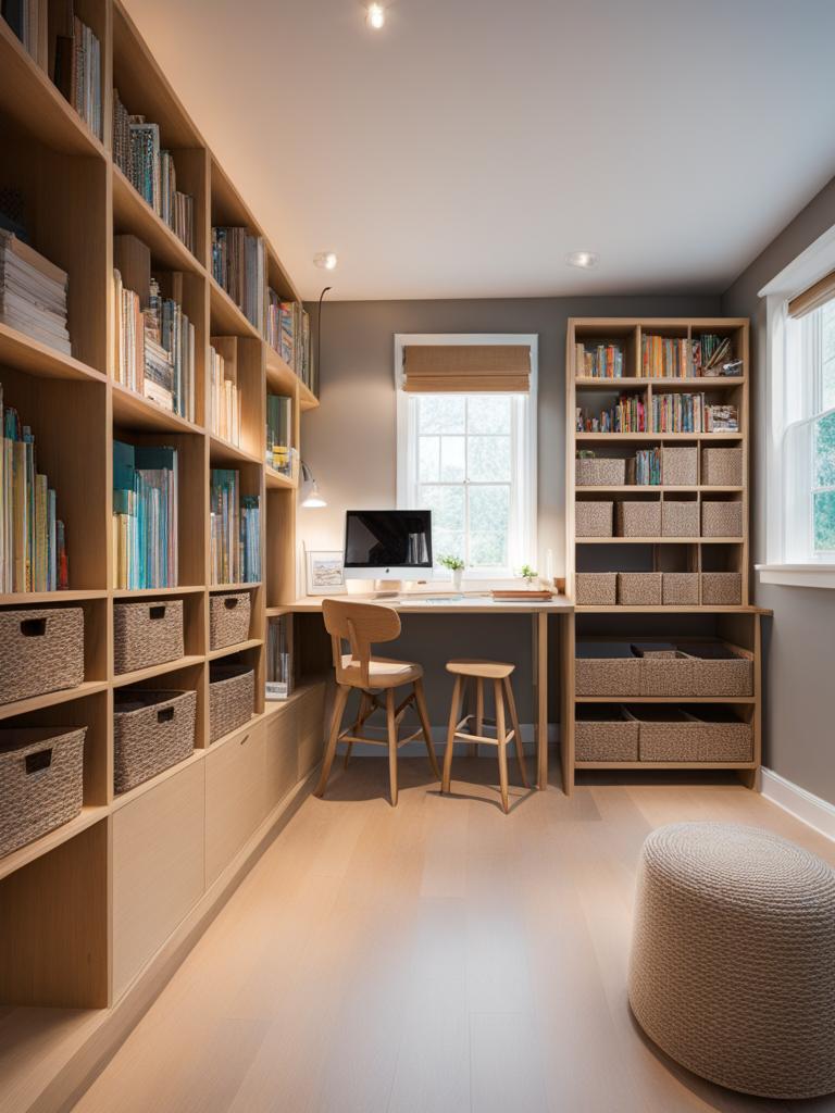 art studio with a wall of storage and a cozy reading corner. 