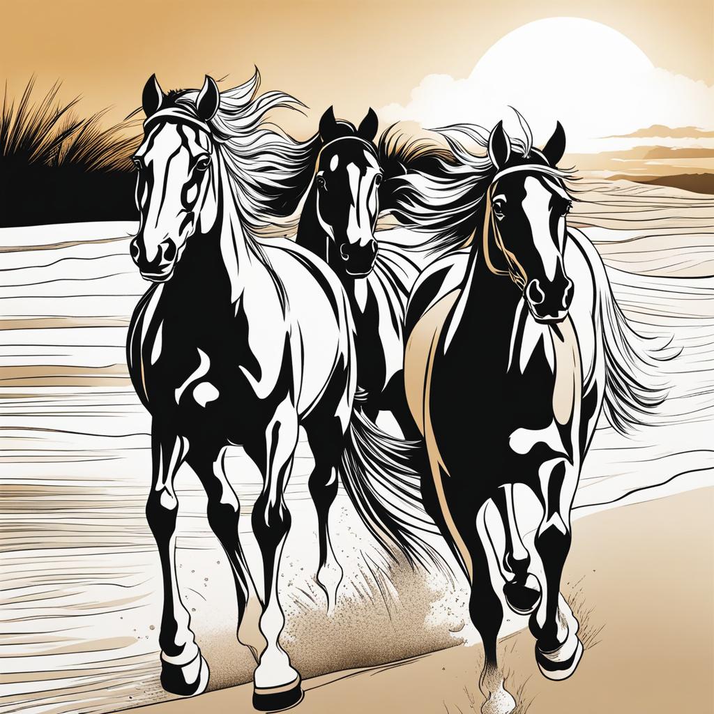 horse coloring pages - horses race along a sandy beach at sunset. 