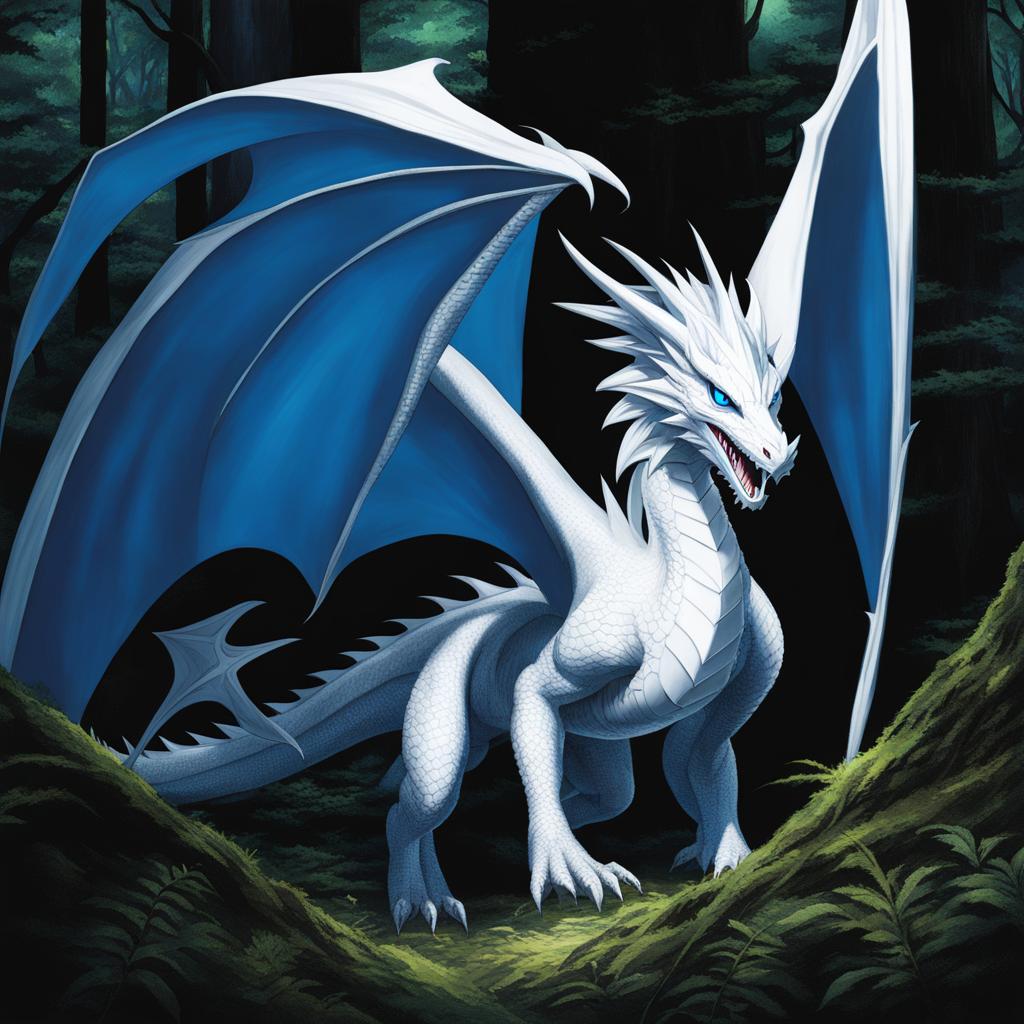 blue-eyes white dragon emerging from the shadows in a mysterious forest clearing. 