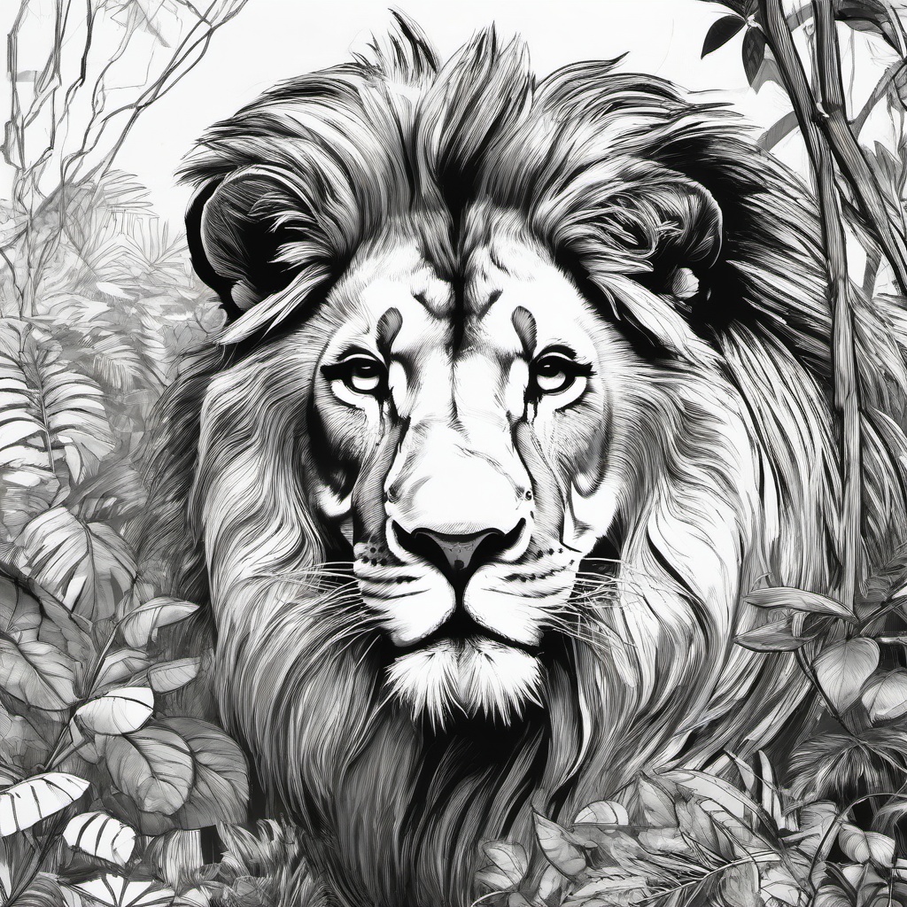 drawing of a lion in jungle  minimal rough sketch scribbles,doodles,black and white