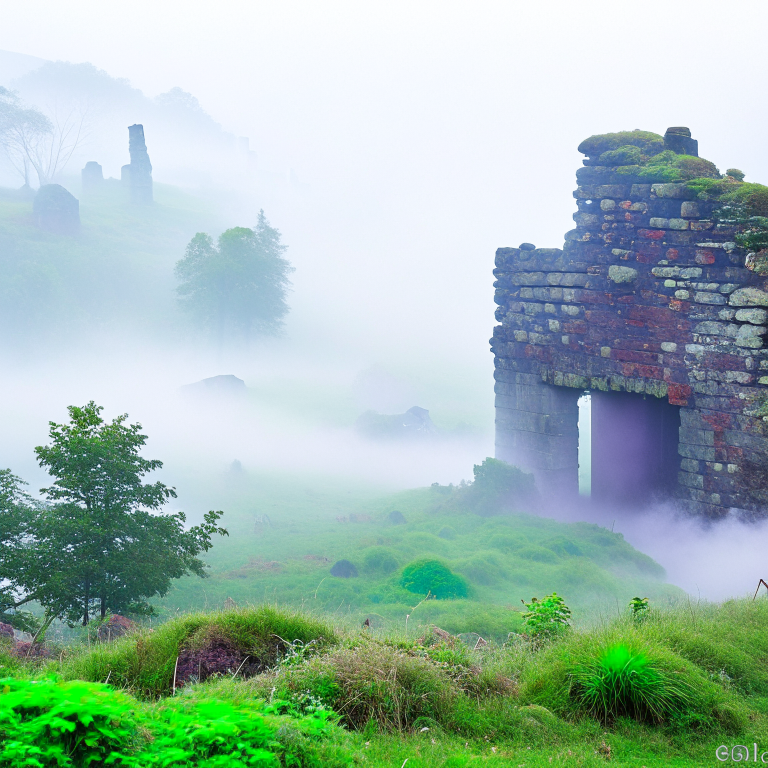 nekkers emerging from ancient ruins in the misty scottish highlands. 