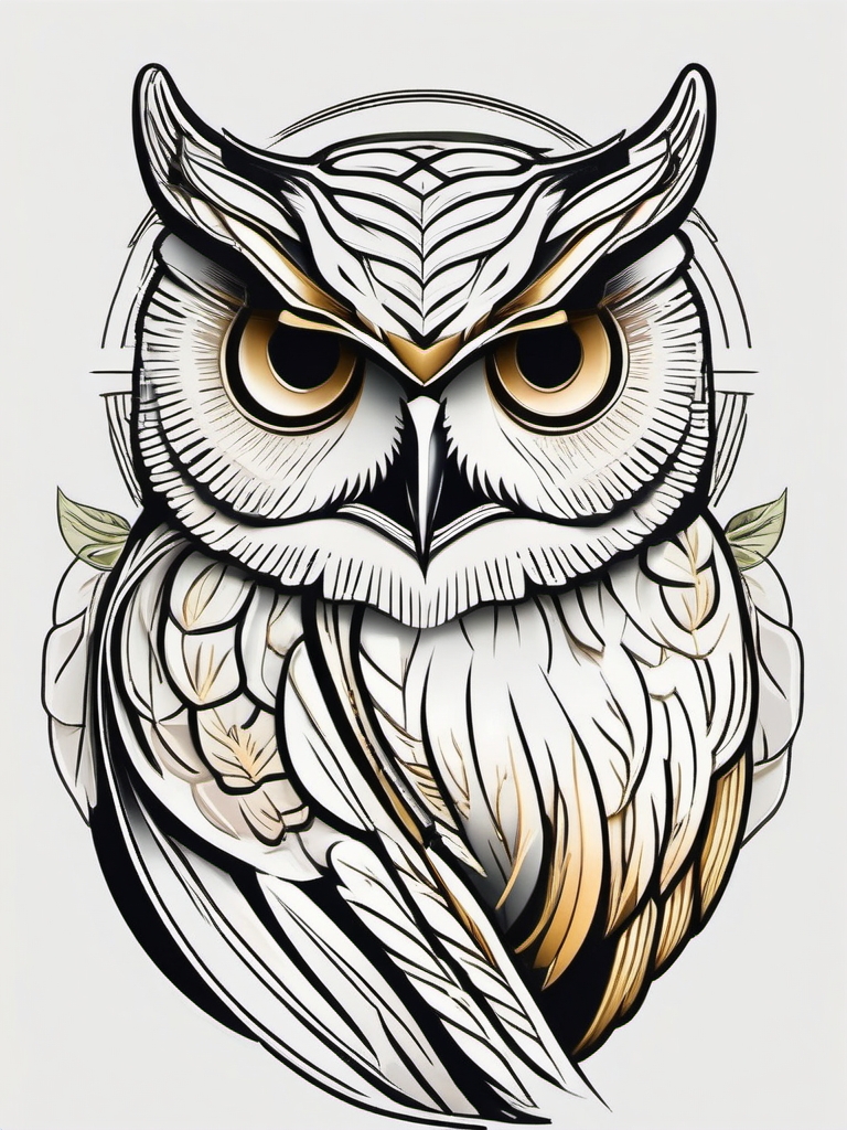 Athena's owl with olive branch tattoo. Symbol of peace and wisdom.  color tattoo style, minimalist design,white background