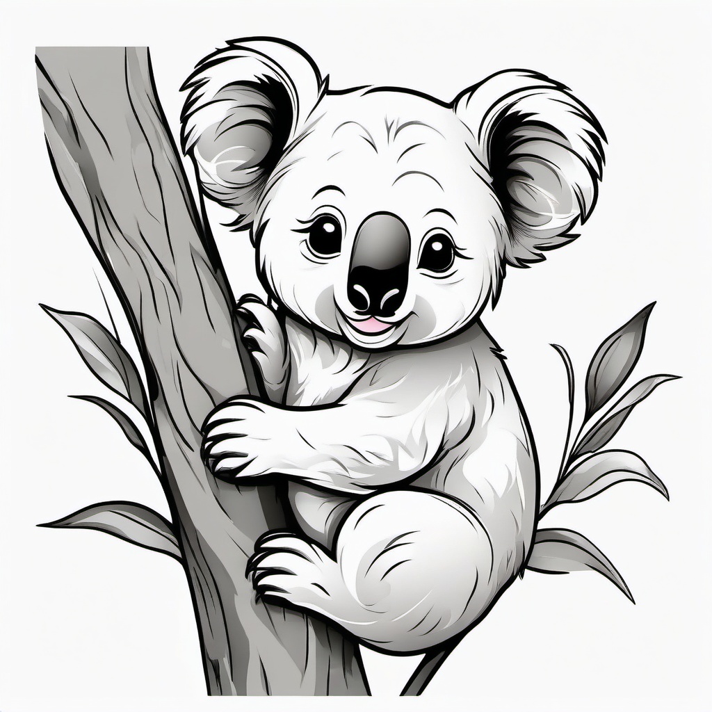 Koala Tattoo - Cute koala clinging to a eucalyptus tree, an emblem of comfort  few color tattoo design, simple line art, design clean white background