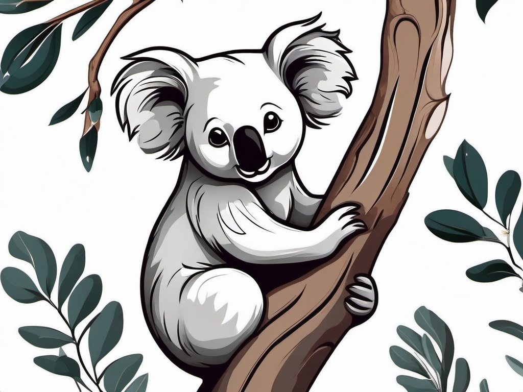 Koala Tattoo - Cute koala clinging to a eucalyptus tree, an emblem of comfort  few color tattoo design, simple line art, design clean white background