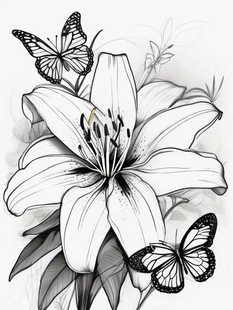 drawing of a lily with butterflies around it  minimal rough sketch scribbles,doodles,black and white