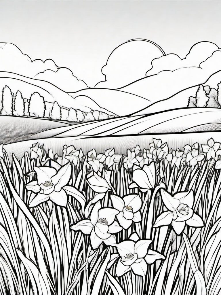 Daffodil coloring page sheet - Yellow daffodils swaying gently in a spring meadow.  black outline printable coloring page