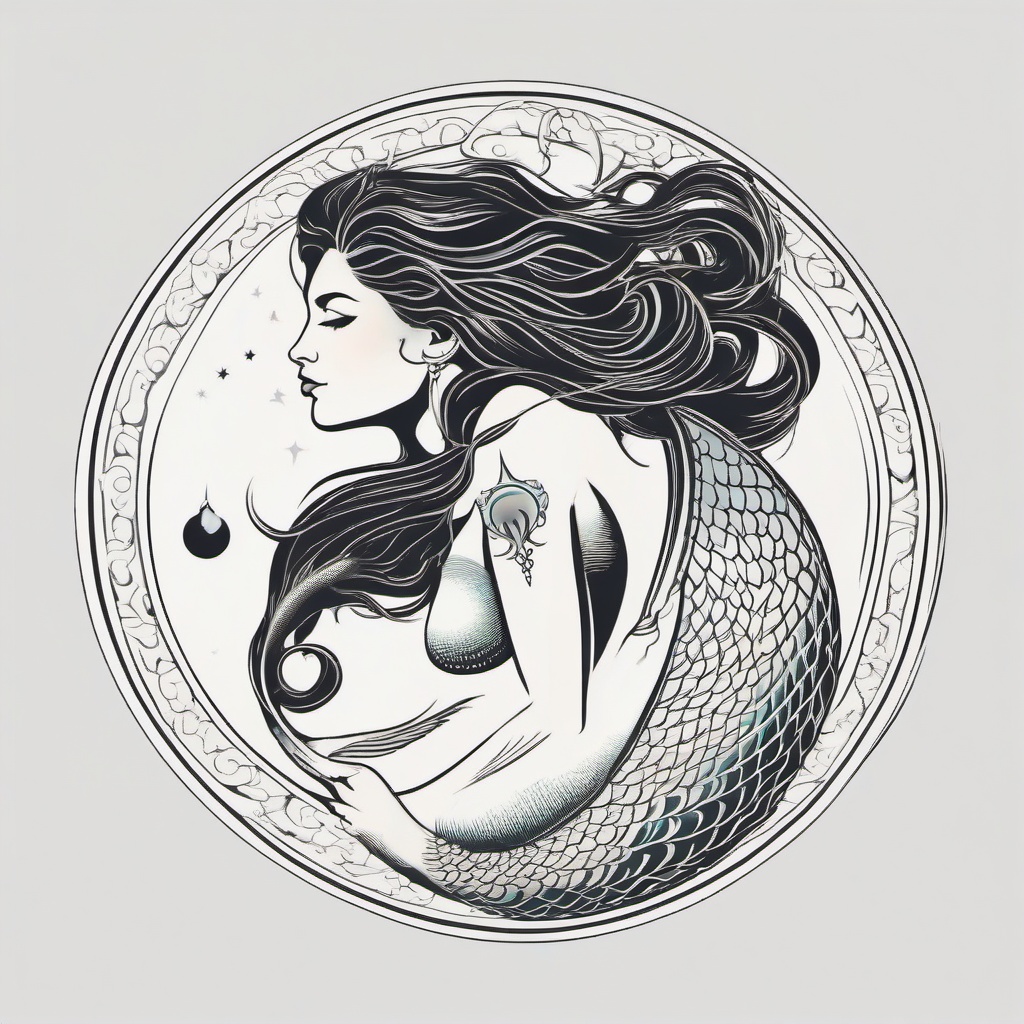 Capricorn Mermaid Tattoo - Connect with zodiac symbolism by incorporating a mermaid into a Capricorn tattoo.  simple vector color tattoo,minimal,white background