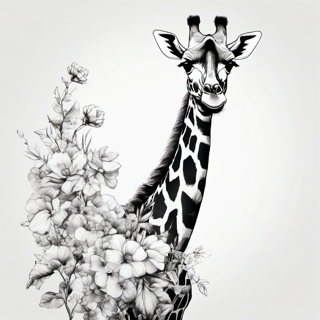 drawing of a giraffe with flowers  minimal rough sketch scribbles,doodles,black and white