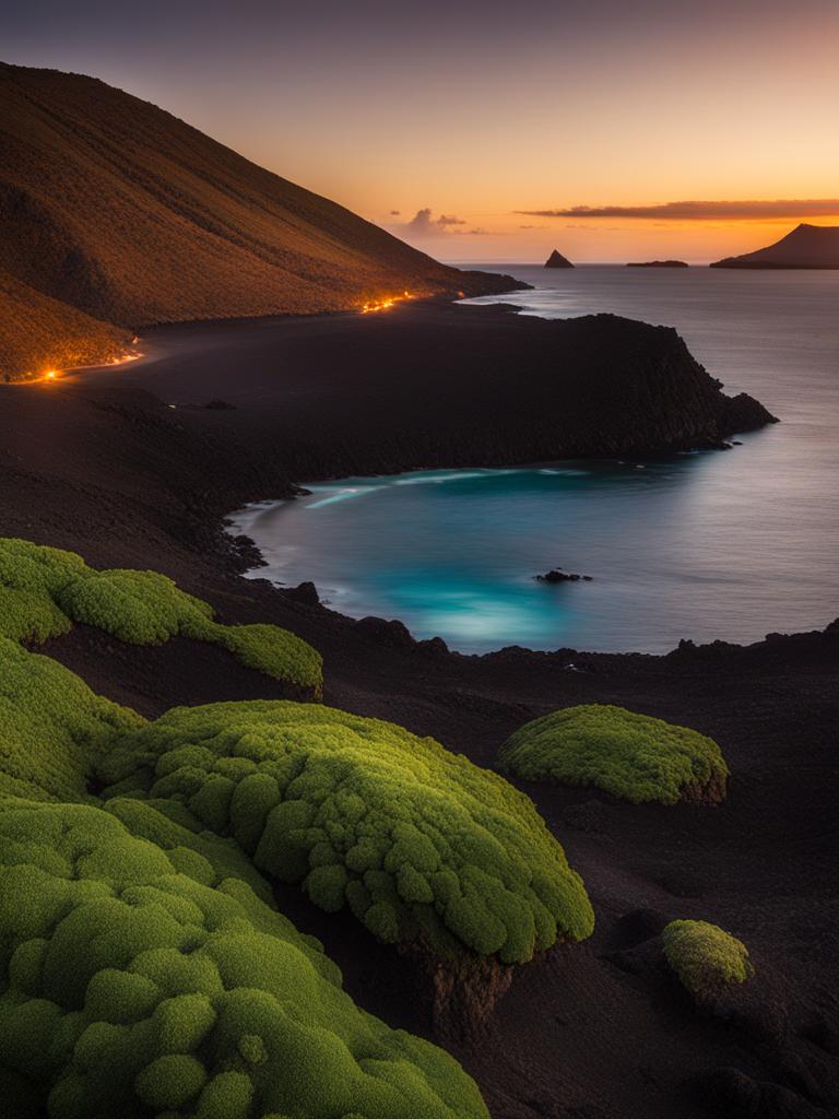 the galápagos islands, ecuador - create a scene showcasing the unique wildlife and volcanic landscapes of the galápagos at night. 