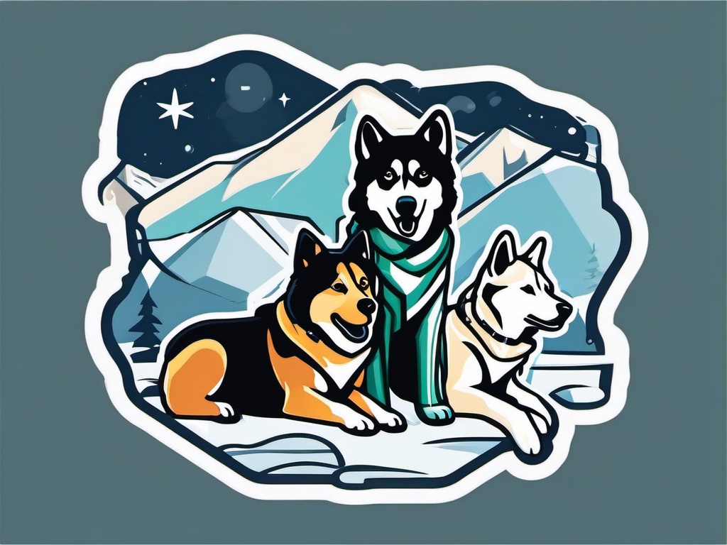 Sled Dog Team Sticker - Arctic expedition, ,vector color sticker art,minimal