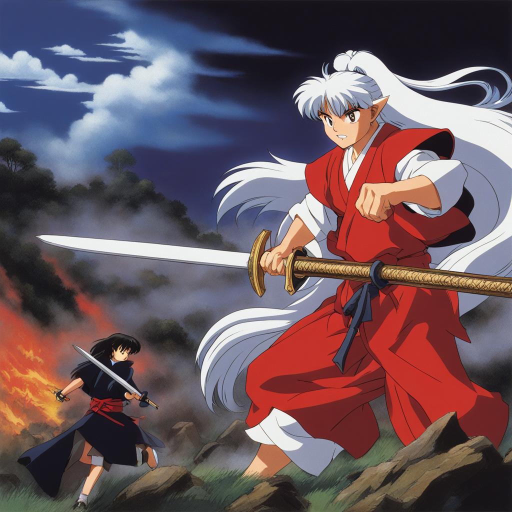 inuyasha wields the tessaiga in a battle against demons. 