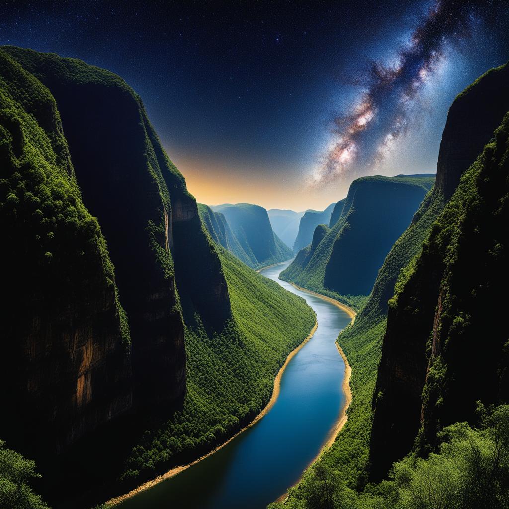 sumidero canyon - illustrate the mystical night scene of sumidero canyon, where towering cliffs and the grijalva river reveal their grandeur under starry skies. 