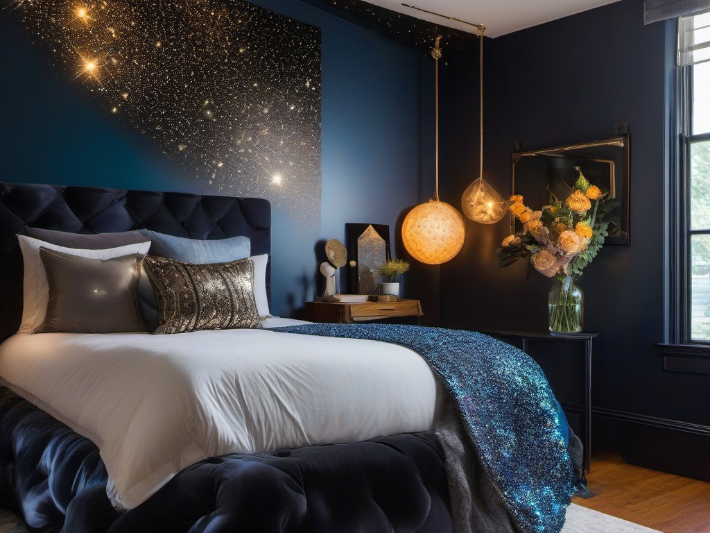 In the guest bedroom, cosmic chic interior design offers a cozy atmosphere with celestial bedding, metallic accents, and thoughtful decor that makes visitors feel like they are in a cosmic escape.  