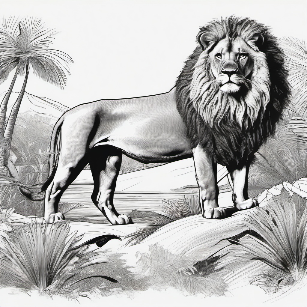 drawing of a lion in tropical island  minimal rough sketch scribbles,doodles,black and white