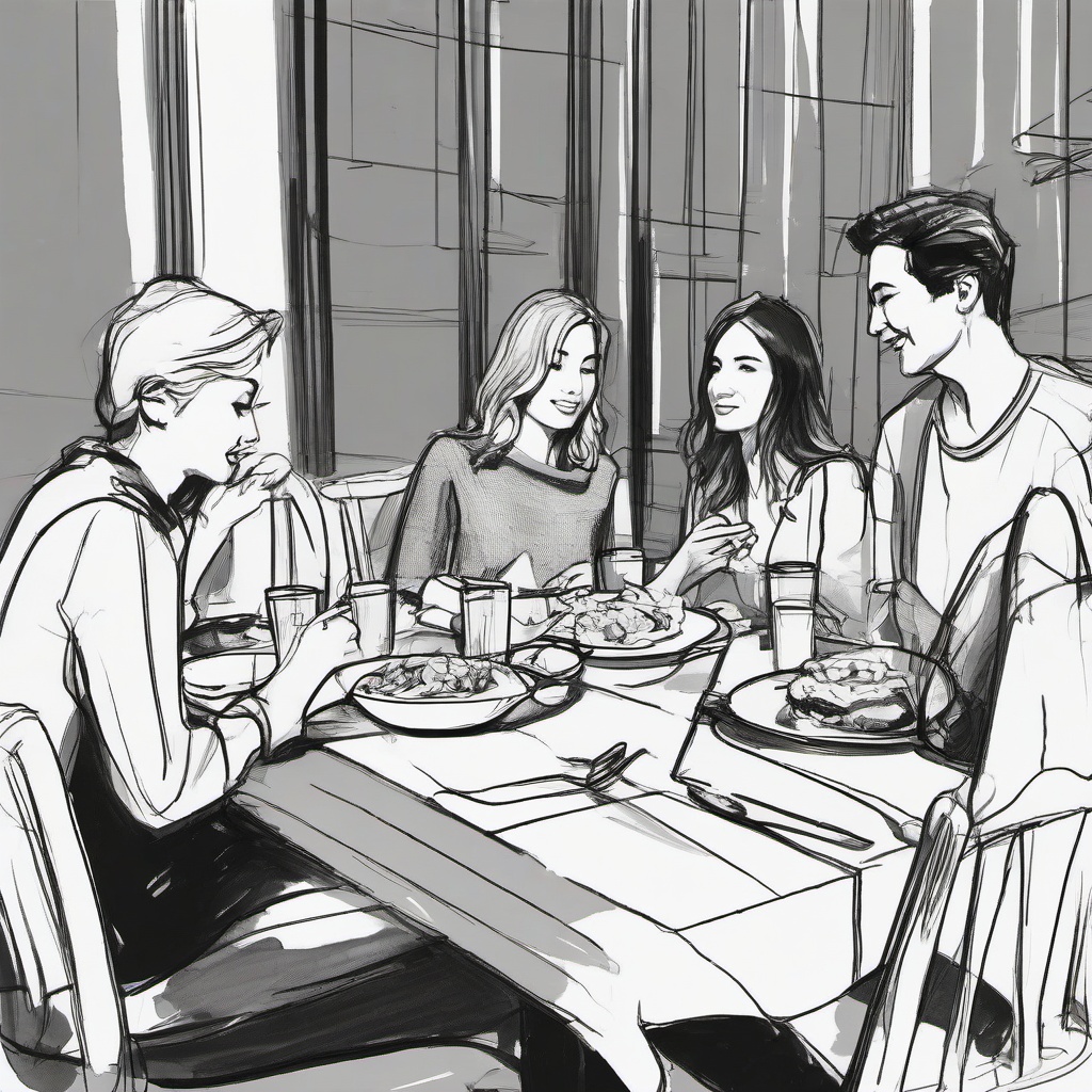 drawing of friends sharing a meal  minimal rough sketch scribbles,doodles,black and white