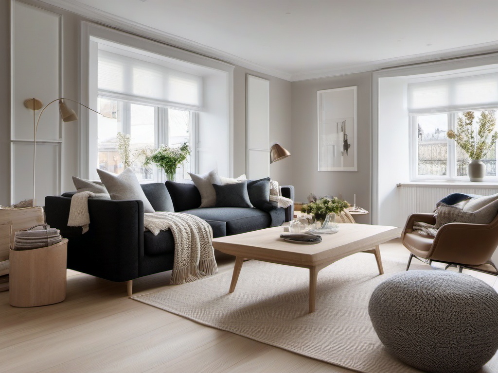 Scandinavian living room harmonizes natural elements and refined simplicity with light oak flooring, bespoke furniture, and woolen throws that invite warmth and comfort.  