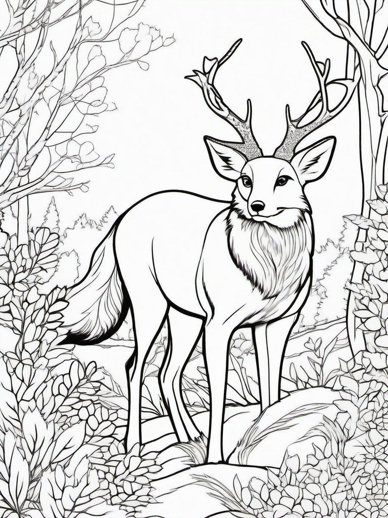 Fox Coloring Pages - Fox and deer friends exploring a glade  simple coloring pages