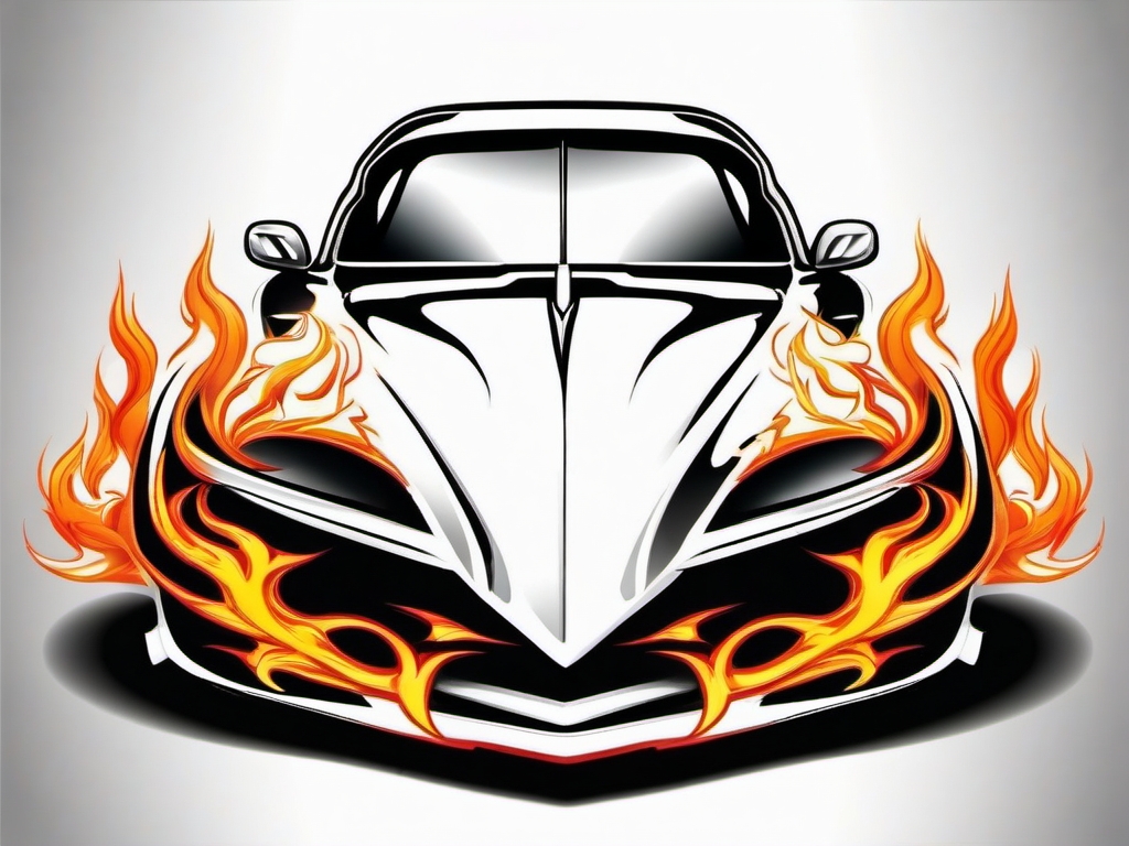 Car with exhaust flames tattoo. Symbol of intense acceleration.  color tattoo design, white background