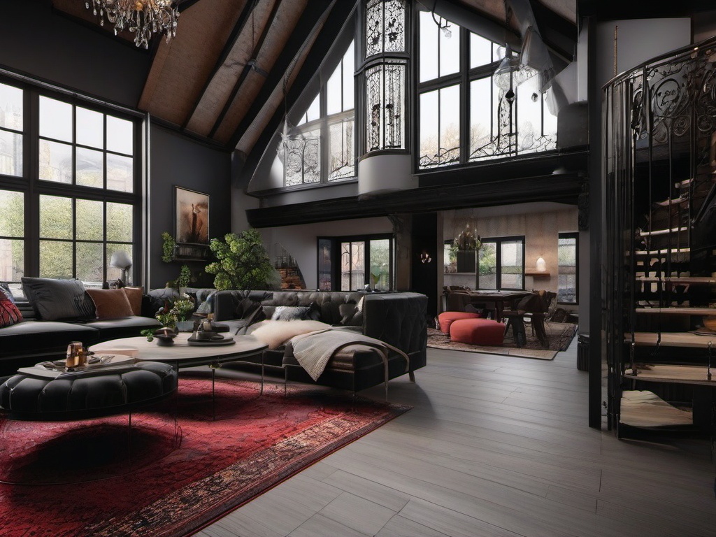 In the loft, Gothic interior design incorporates rich textures, vintage furnishings, and intricate patterns that create a lively and inviting open-concept living area.  