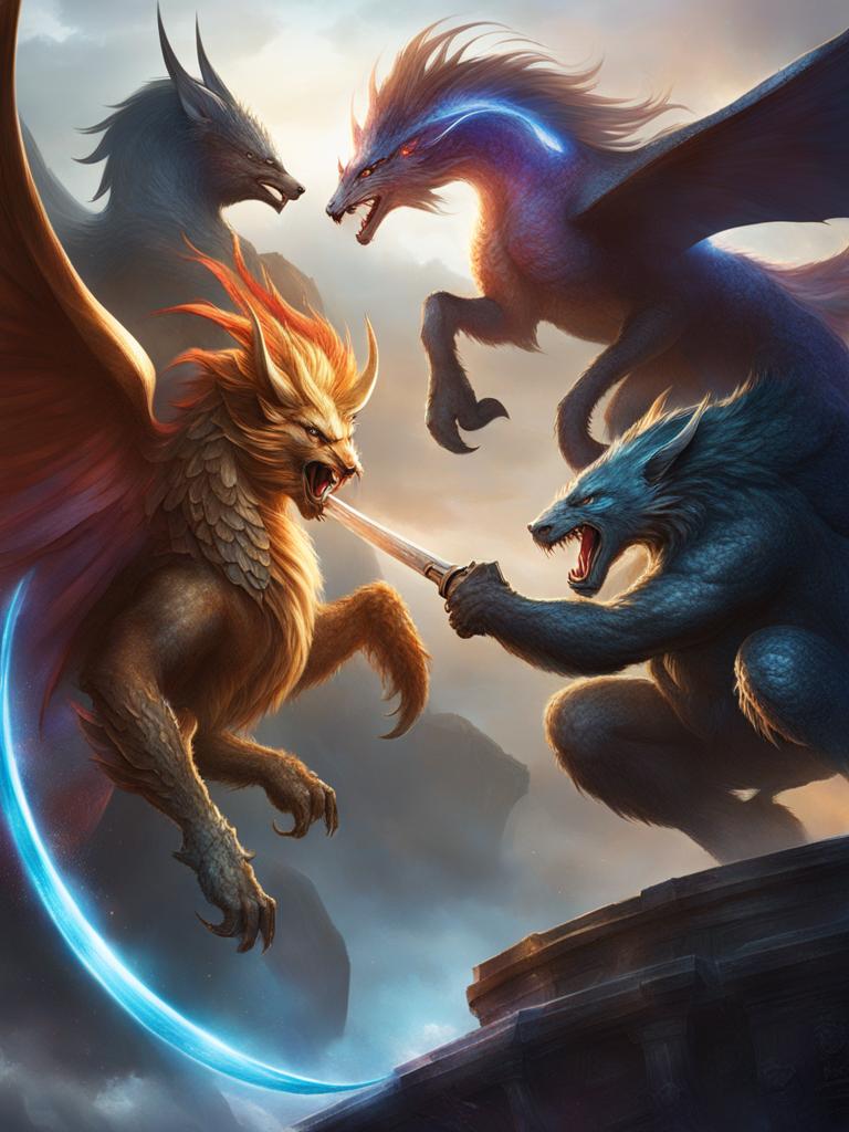 epic showdown between mythical creatures in a magical, otherworldly arena. 