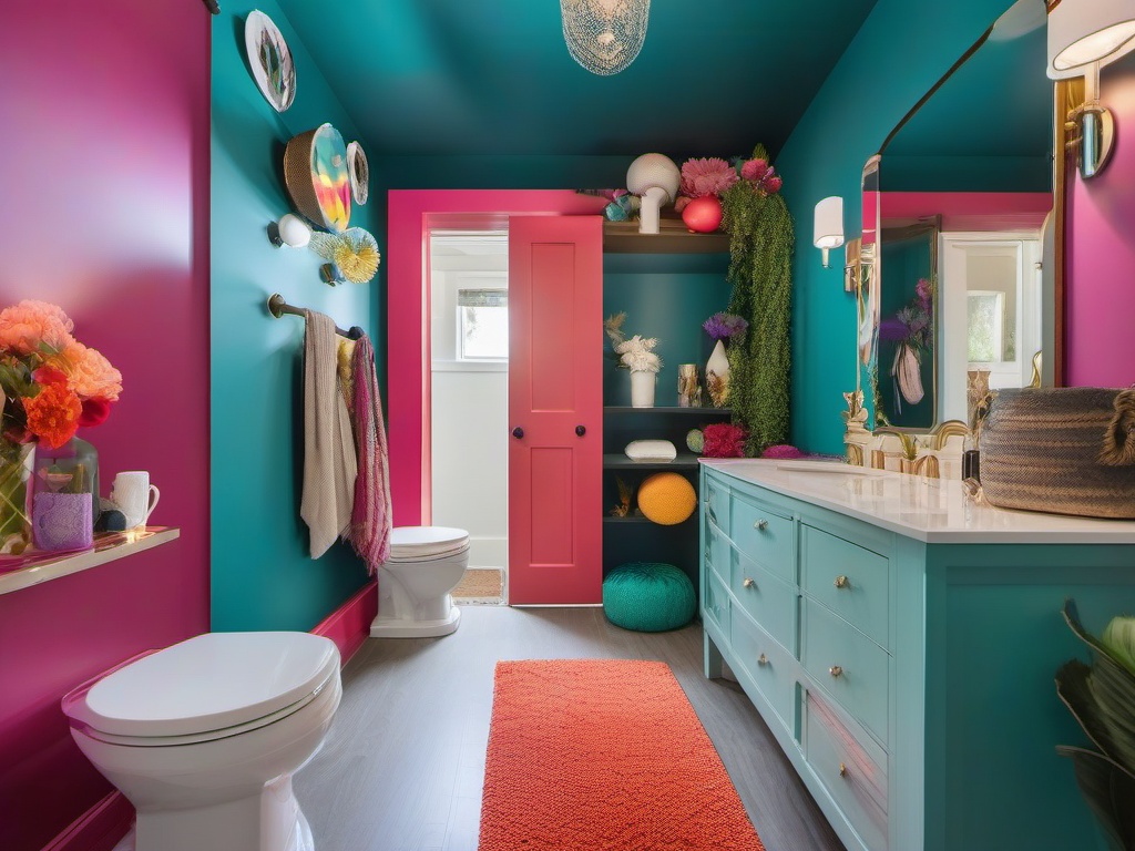 In the guest bathroom, cosmic chic interior design features bright colors, whimsical decor, and fun accents that create an inviting atmosphere for visitors.  