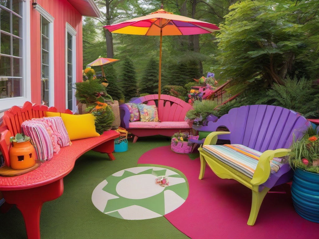 Candy Land garden room features vibrant planters, colorful furniture, and whimsical decor, blending nature and playfulness in a cheerful outdoor environment.  