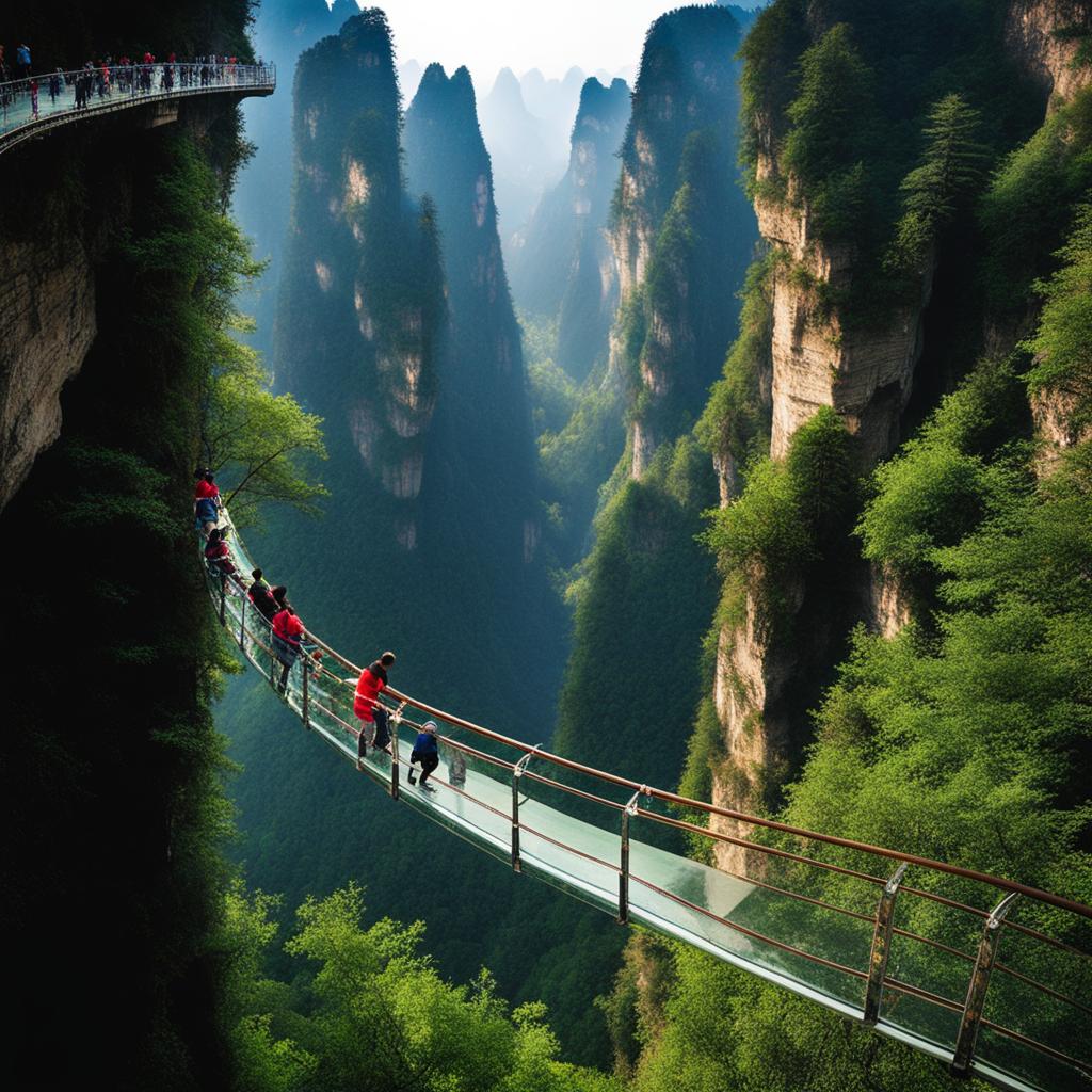 zhangjiajie national forest park, china - takes a thrilling glass bridge walk over the abyss. 