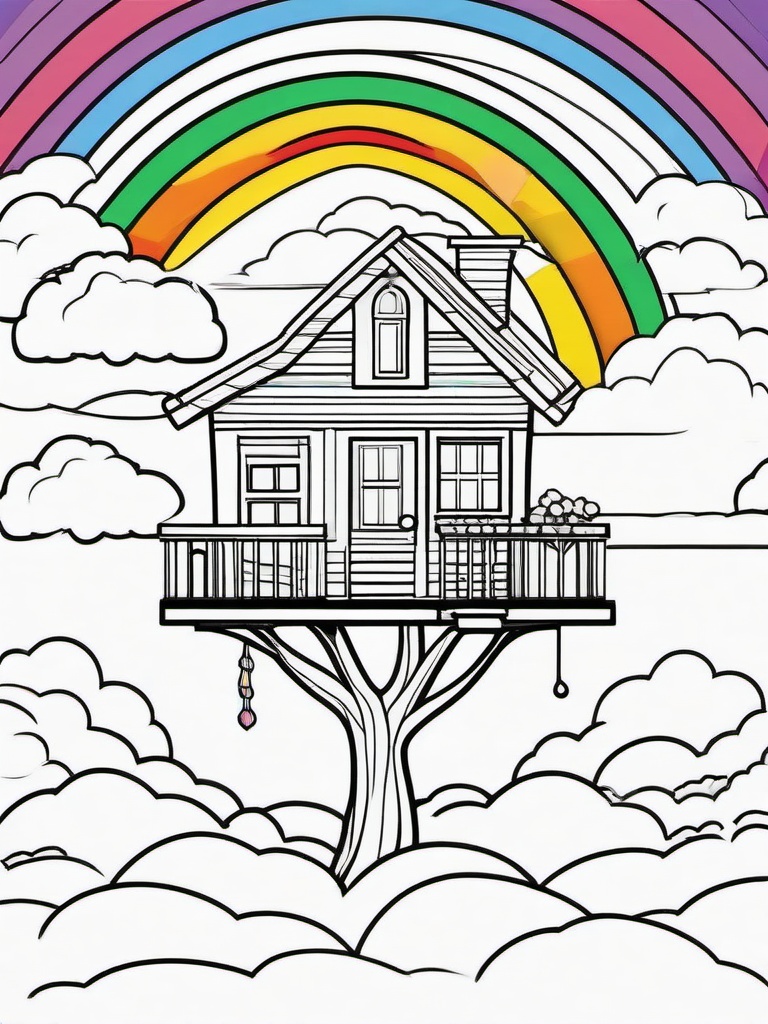 Rainbow Coloring Page - Rainbow with a treehouse in the clouds.  easy,simple,minimal,coloring pages,black and white outline