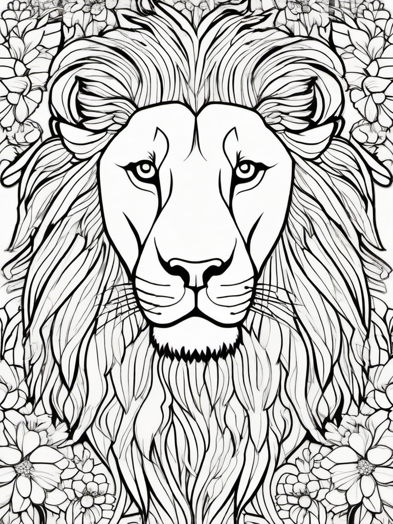 Lion Coloring Pages - Lion with flowers in its mane  simple coloring pages